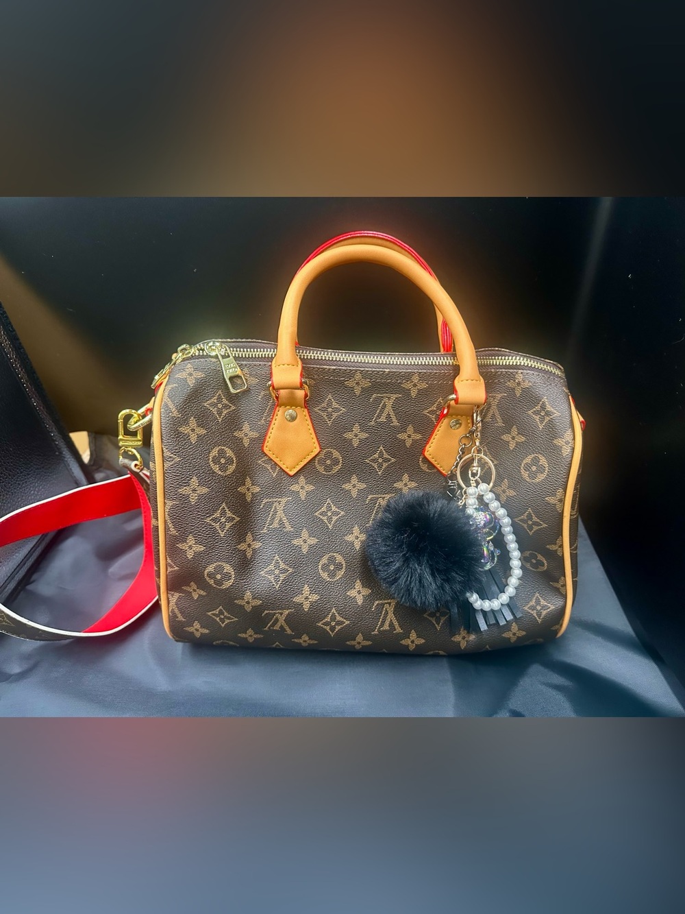 Fashion Bag- Brown Monogram Satchel with Black Pom Pom Charm